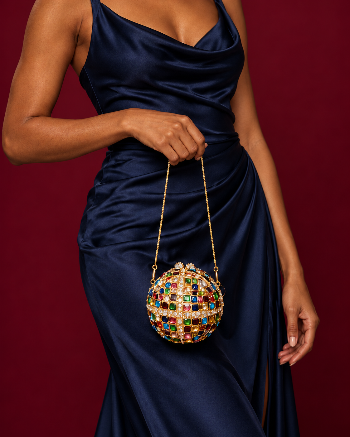 Modelo com clutch esférica de cristais multicoloridos da Emporio MP